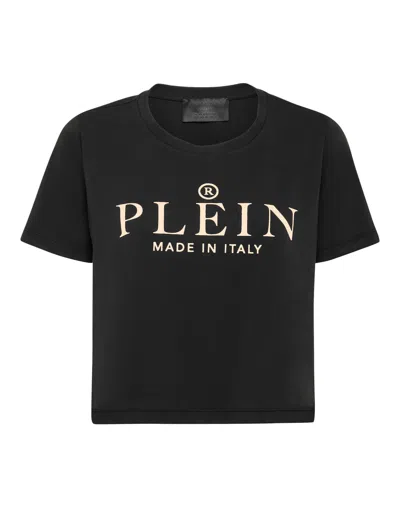 Philipp Plein T-shirt Round Neck Ss Crop Iconic Plein In Black