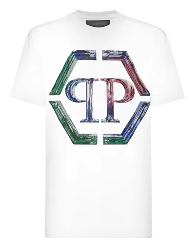 Philipp Plein T-shirt Round Neck Ss Strass Hexagon In White