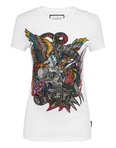 Philipp Plein T-shirt Roundneck Ss With Crystals Tattoo In White