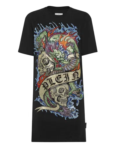 Philipp Plein Tattoo Crystal T-shirt Dress In Black