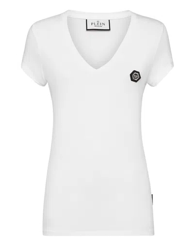 Philipp Plein Slim Fit V-neck Short Sleeve Tops In White