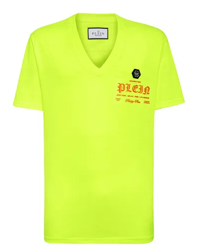 Philipp Plein Logo-print V-neck T-shirt In Yellow