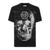 Philipp Plein Crew Neck Black T-shirt With Crystal Skull Design And Logo Patch In Brown