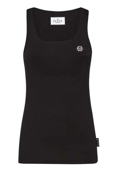 Philipp Plein Sleeveless Square Neck Fitted Tops In Black