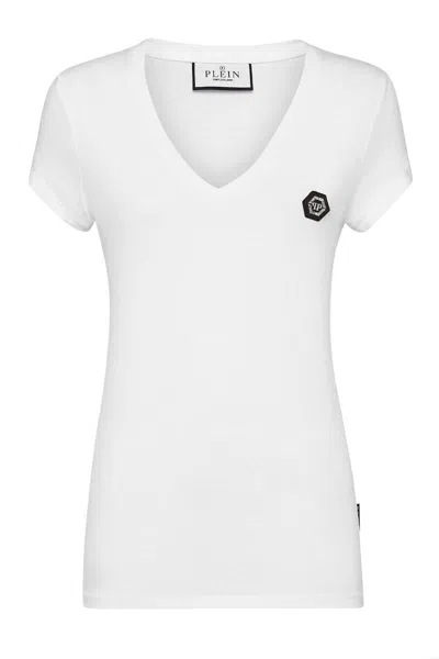 Philipp Plein Slim Fit V-neck Short Sleeve Tops In White