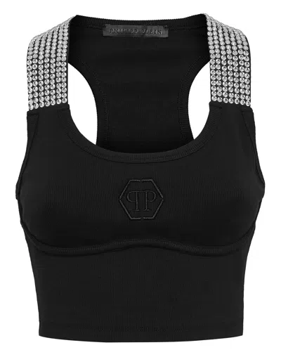 Philipp Plein Crystal-embellished Cotton Cropped Top In Black