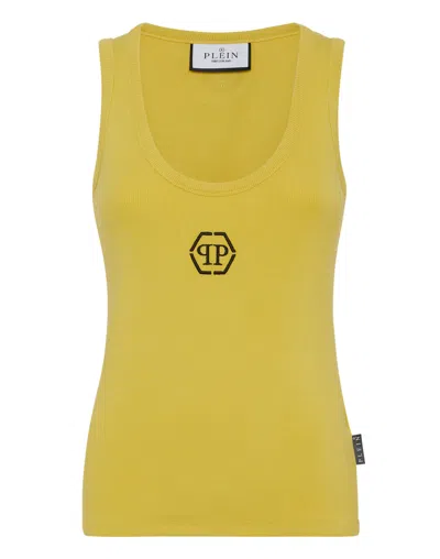 Philipp Plein Hexagon-logo Cotton Tank Top In Yellow