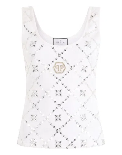 Philipp Plein Tank Top Rhomb Flower Strass In White