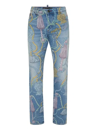 Philipp Plein Tassel-print Jeans In Blue