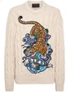 Philipp Plein Tattoo-print Cable-knit Jumper In Neutrals