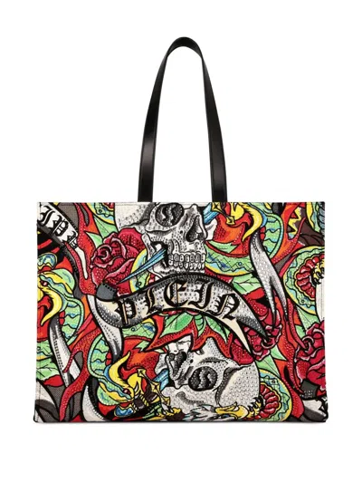 Philipp Plein Tattoo Print Shopping Bag In Red