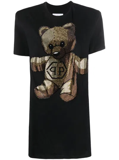 Philipp Plein Teddy Bear Crystal-embellished T-shirt Dress In Black