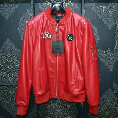 Pre-owned Philipp Plein Teddy Bear Crystal Printed Men's Genuine Leather Red Black Jacket