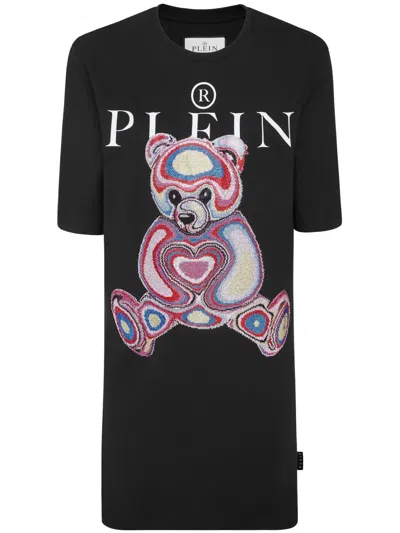 Philipp Plein Teddy Bear-embroidered Cotton Minidress In Black