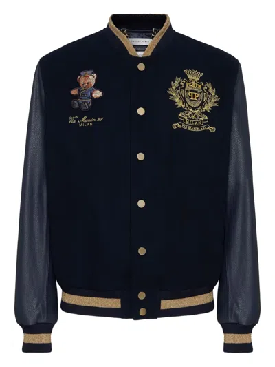 Philipp Plein Leather And Wool Varsity Bomber Teddy Doorman In Blue