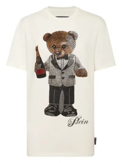 Philipp Plein Teddy-embellished Cotton T-shirt In Neutral