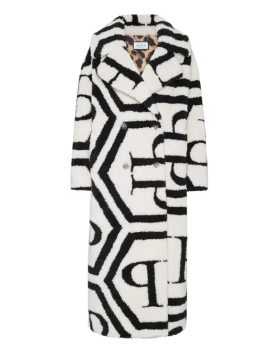 Philipp Plein Teddy Long Eco Fur Coat Monogram In Multi