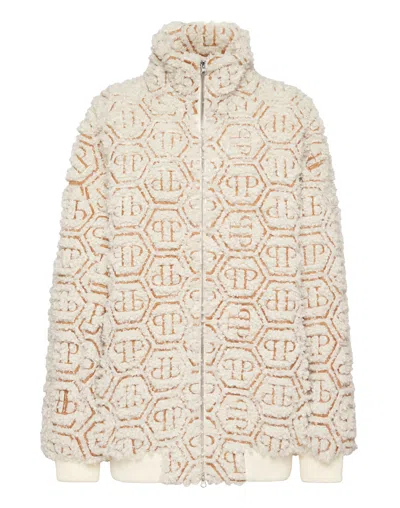Philipp Plein Teddy Maxi Bomber Jacket Monogram In Beige