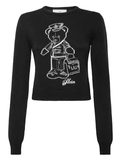 Philipp Plein Teddy-embroidered Crew-neck Sweater In Black