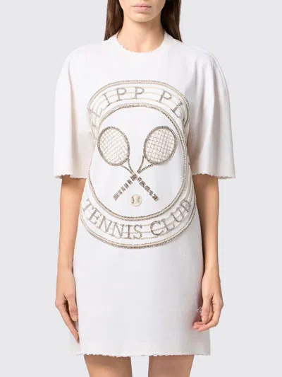 Philipp Plein Tennis Club Cotton Sheath Mini Dress With Rhinestone Logo In White