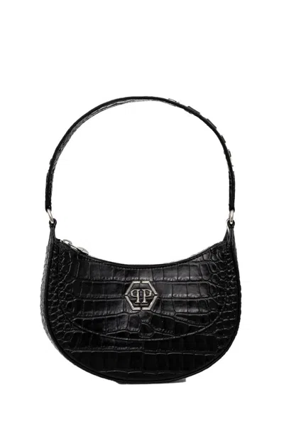 Philipp Plein Textured Crocodile Pattern Handbag With Logo Detail In Black