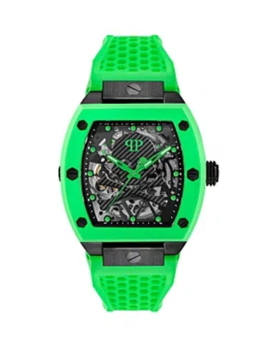 Philipp Plein Men's Automatic The Skeleton Green Silicone Strap Watch 44mm In Black/green
