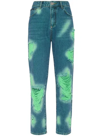 Philipp Plein Tie-dye Frayed Jeans In Blue