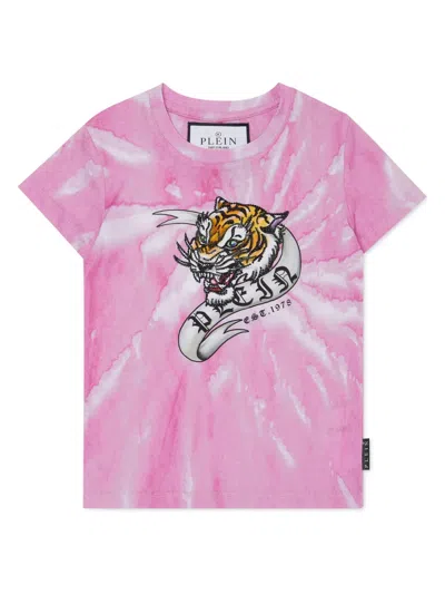 Philipp Plein Kids' Tie-dye Print Cotton T-shirt In Pink