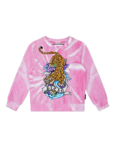 Philipp Plein Kids'  Tie-dye Sweatshirt Ls With Crystals Tattoo Girl In Rose/pink