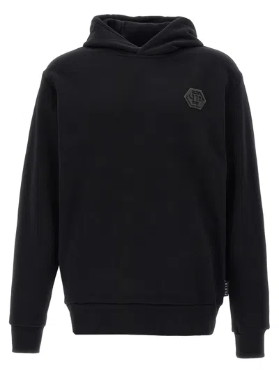 Philipp Plein Tone-on-tone Logo Patch Hoodie With Practical Pockets In Black
