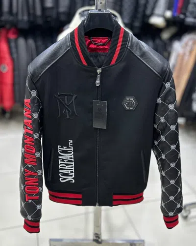 Pre-owned Philipp Plein Tony Montana Scarface Embroidered Genuine Leather Sleeves Jacket In Black & Red