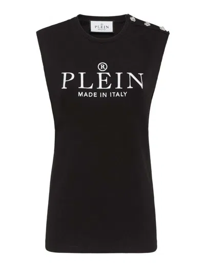 Philipp Plein Shoulder Button Sleeveless Crew Neck Top In Black