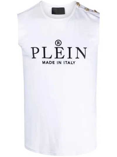 Philipp Plein Shoulder Button Crew Neck Sleeveless Top In White
