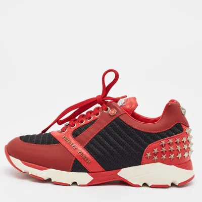 Pre-owned Philipp Plein Trainer Size 39 Black/red Knit Fabric And Leather Lace Up Sneakers