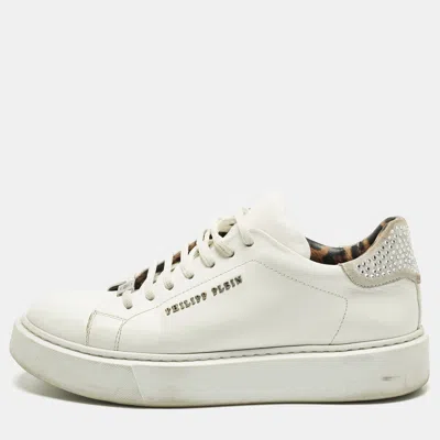 Pre-owned Philipp Plein Trainer Size 40 White Leather And Suede Crystal Embellished Lace Up Sneakers