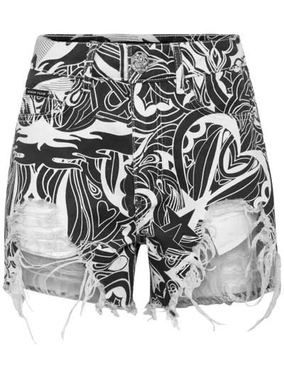 Philipp Plein Tribal Circus-print Denim Shorts In 白色