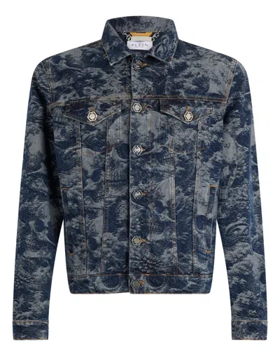 Philipp Plein Trucker Jacket All-over Skull Skull In Blue