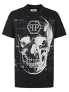 Philipp Plein Crew Neck Black T-shirt With Crystal Skull Design And Logo Patch In Black