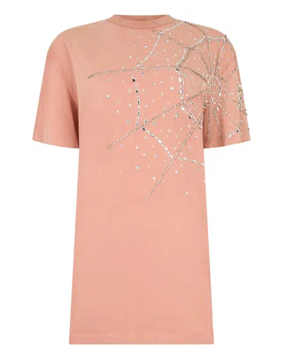 Philipp Plein T-shirt Dress Spiderweb Strass Women In Pink