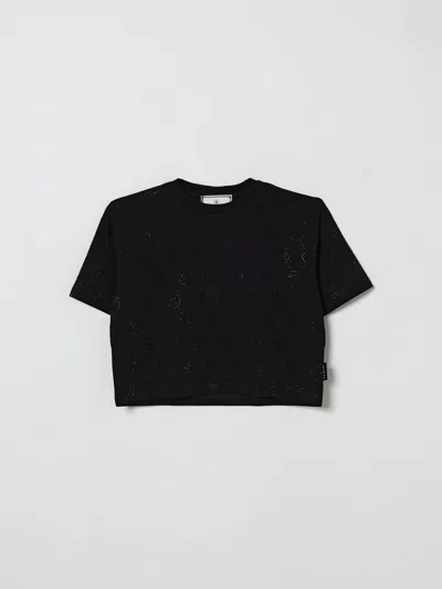 Philipp Plein Kids'  Cotton T-shirt With Rhinestone Monogram In Black