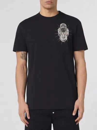 Philipp Plein Round-neck Skull-embroidery T-shirt In Black