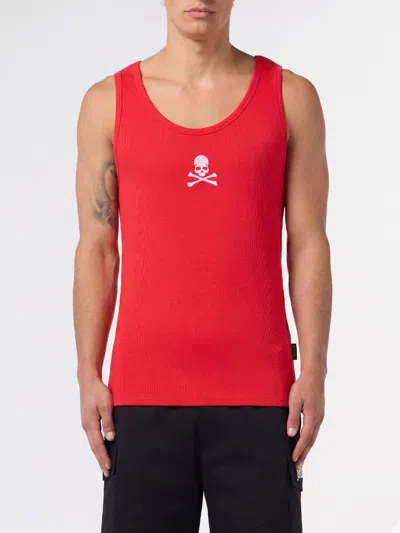 Philipp Plein Skull Cotton Tank Top In Red