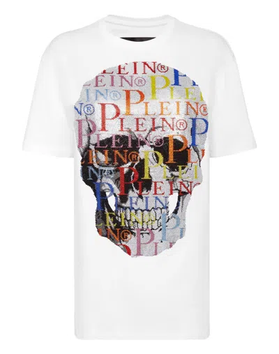 Philipp Plein T-shirt Round Neck Ss Multicolor Skull With Crystals In White