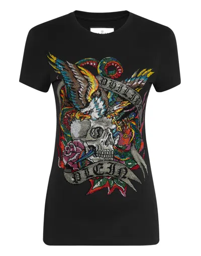 Philipp Plein T-shirt Roundneck Ss With Crystals Tattoo In Black