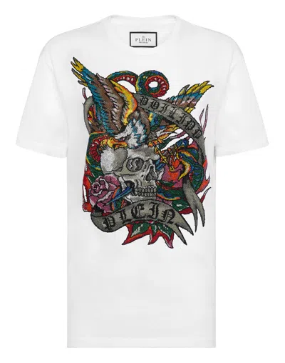 Philipp Plein T-shirt Roundneck Ss With Crystals Tattoo In White