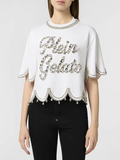 Philipp Plein Crystal Waves Cropped T-shirt In White