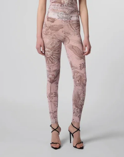 Philipp Plein Tulle Leggings Butterfly Tattoo Women In Pink