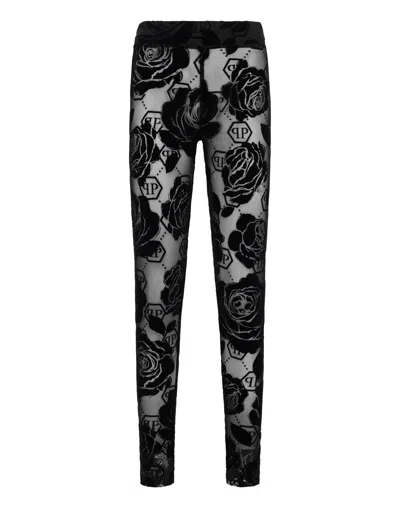 Philipp Plein Tulle Leggings Flock Flower Monogram In Black