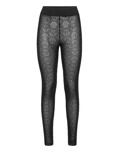 Philipp Plein Tulle Leggings Monogram Strass In Black