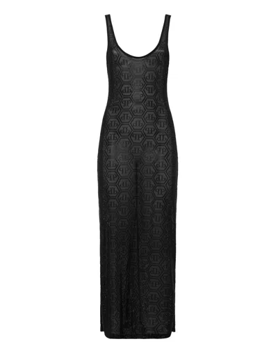 PHILIPP PLEIN TULLE LONG TANK DRESS MONOGRAM STRASS